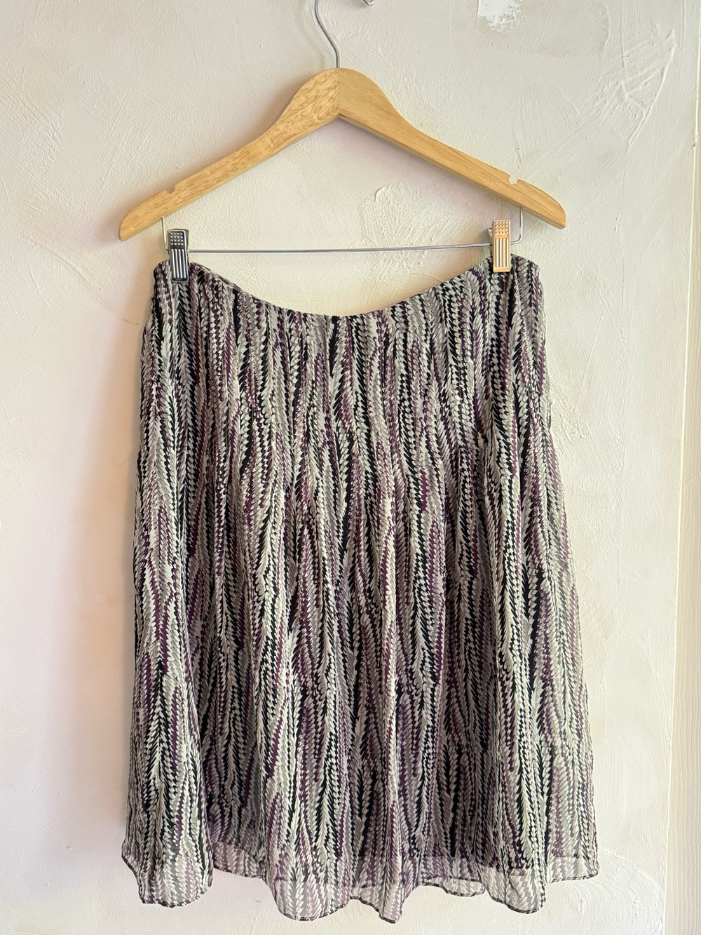 Alfani 100% Silk | A-Line Skirt | Purple Black Feather Print | Sz 10